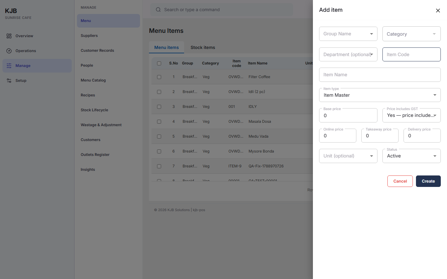 The Add item panel opening over the Menu Items list, on the right-hand side of the
screen.
