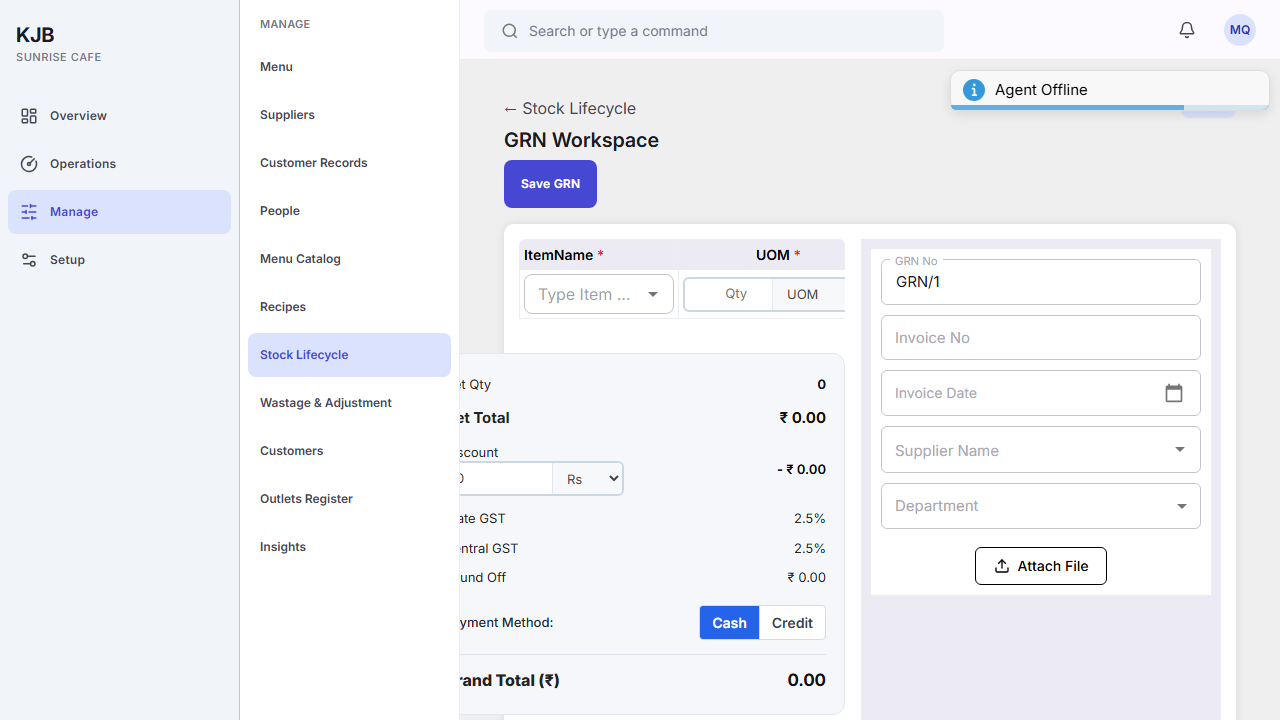 The GRN Workspace: a line-item area with Item Name, quantity and unit, a totals panel showing net
total, discount, State GST and Central GST and a grand total, a Cash or Credit payment choice, and a
panel for GRN number, invoice number and date, supplier and department, with Save
GRN.