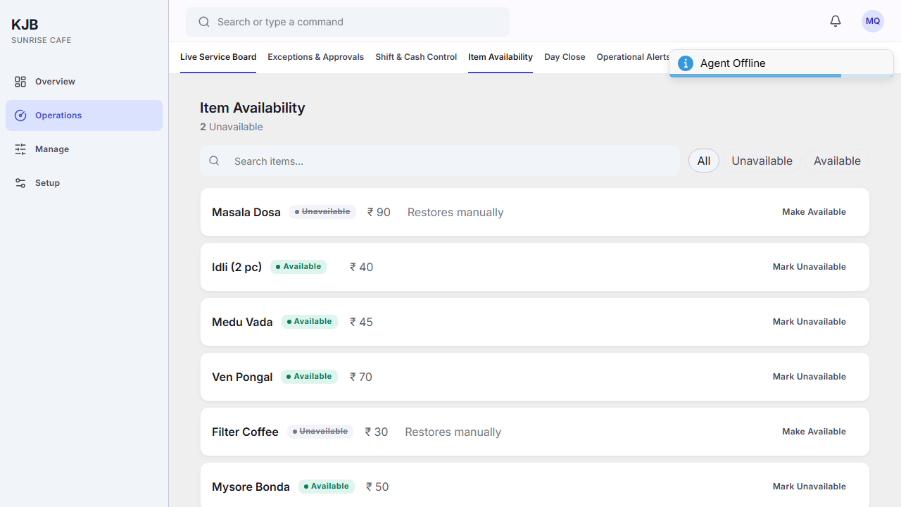 The Item Availability screen listing dishes, each with an Available or Unavailable chip, its price, and
a control reading Mark Unavailable or Make Available. Two unavailable items show "Restores
manually".