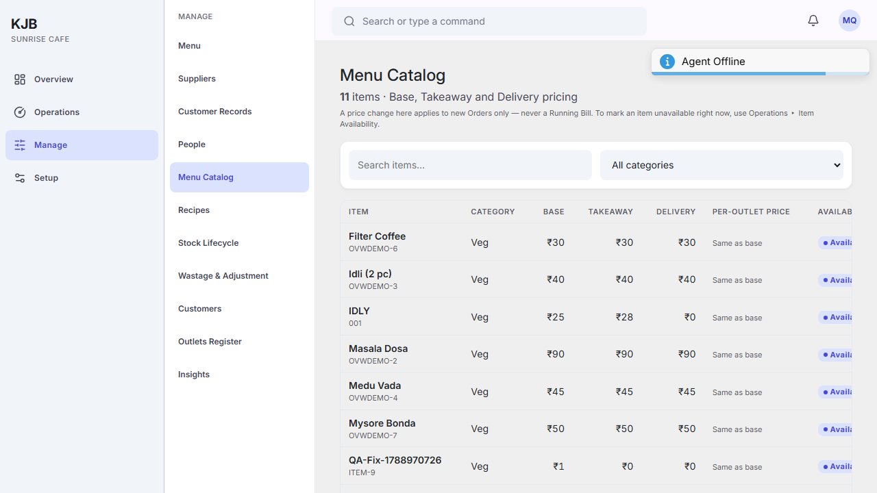 Menu Catalog listing items with their base, takeaway and delivery prices and an availability
column, above a search box and a category filter. A note reads "A price change here applies to new
Orders only — never a Running Bill."