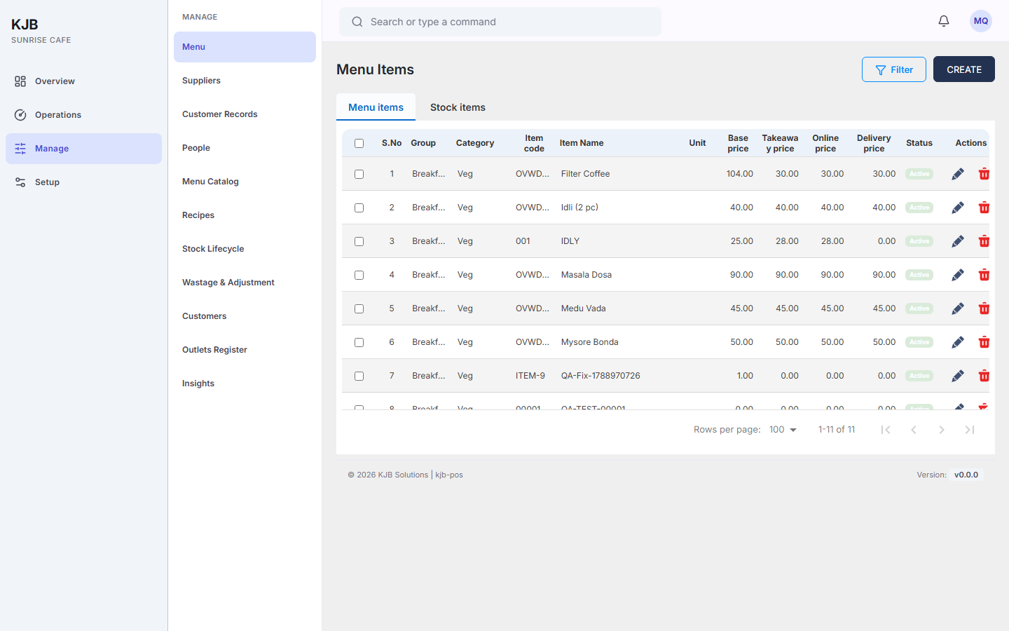 The Menu Items screen with the Menu items tab selected and a Stock items tab beside
it.