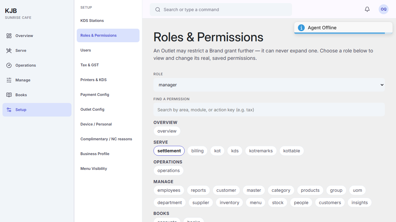 The Roles & Permissions screen. A Role dropdown showing "manager", a "Find a permission" search box
with the placeholder "Search by area, module, or action key (e.g. tax)", and below them the permissions
grouped under Overview, Serve, Operations, Manage and Books as
chips.