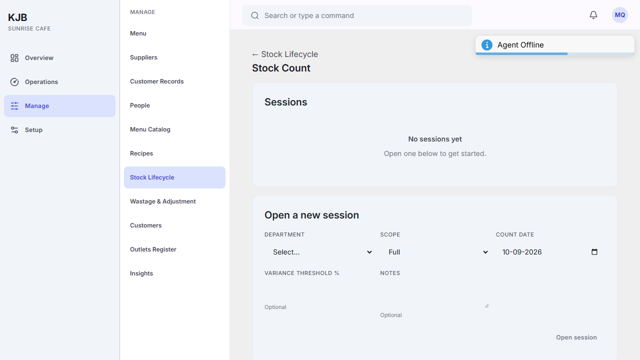 The Stock Count screen. A Sessions panel reading "No sessions yet — Open one below to get started",
and below it an "Open a new session" form with Department, Scope showing Full, Count date, Variance
threshold % and Notes, and an Open session action.